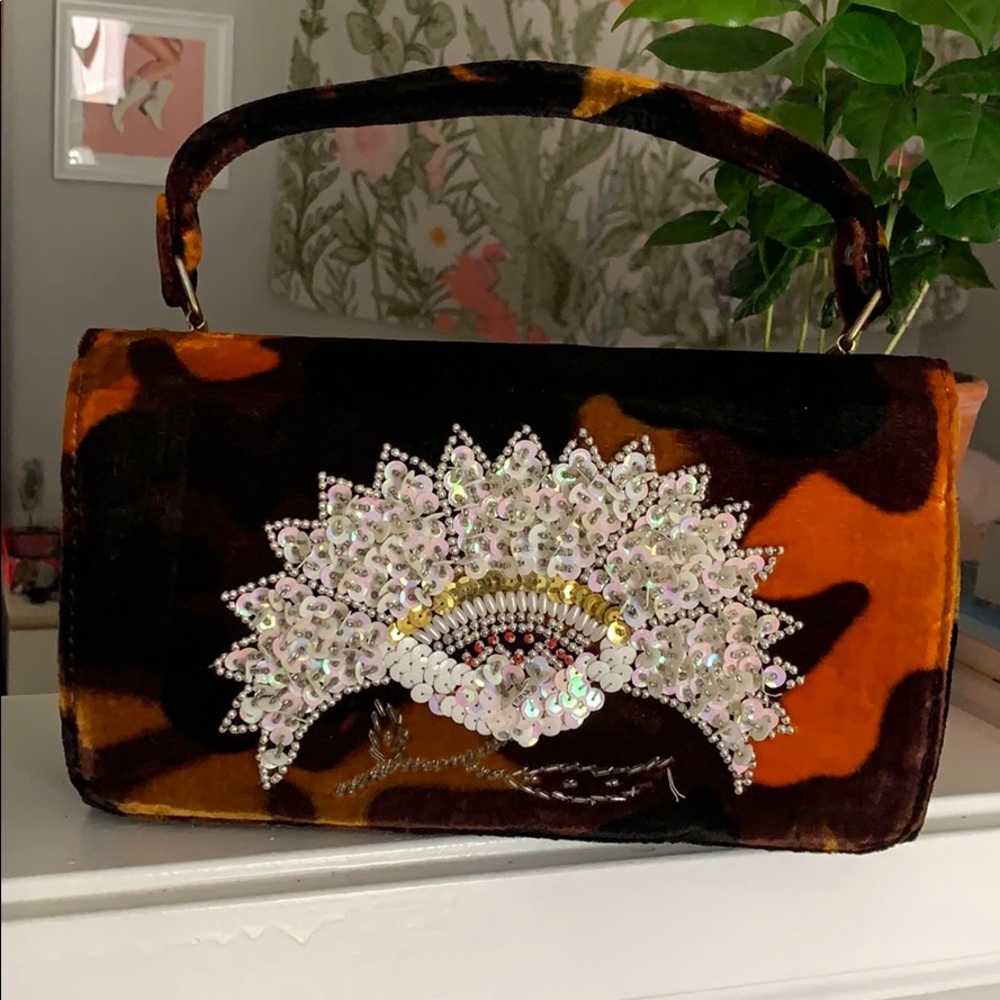 Vintage velour cow print beaded purse